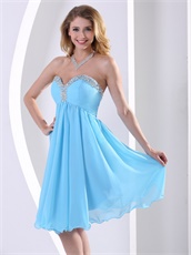 Aqua Blue Chiffon Beaded Sweetheart Prom / Bridesmaid Dress Knee-length