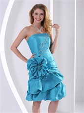 Turquoise Short Taffeta Maiden Girl Prom Dress With Large Rose Flowers