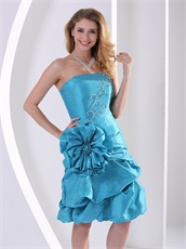 Turquoise Short Taffeta Maiden Girl Prom Dress With Large Rose Flowers