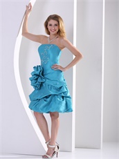 Turquoise Short Taffeta Maiden Girl Prom Dress With Large Rose Flowers