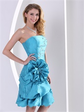 Turquoise Short Taffeta Maiden Girl Prom Dress With Large Rose Flowers