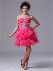 Mini-length Hot Pink Organza Ruffles Short Dress For Private Wine Party