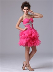 Mini-length Hot Pink Organza Ruffles Short Dress For Private Wine Party