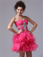 Mini-length Hot Pink Organza Ruffles Short Dress For Private Wine Party