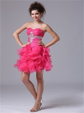 Mini-length Hot Pink Organza Ruffles Short Dress For Private Wine Party