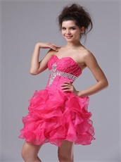 Mini-length Hot Pink Organza Ruffles Short Dress For Private Wine Party