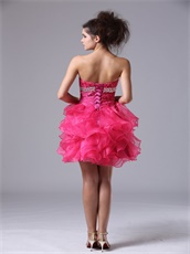 Mini-length Hot Pink Organza Ruffles Short Dress For Private Wine Party