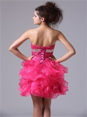 Mini-length Hot Pink Organza Ruffles Short Dress For Private Wine Party