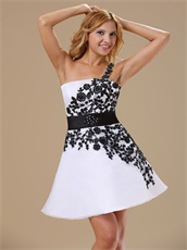 One Shoulder Mini-length White Graduation Dress With Black Lace