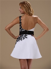 One Shoulder Mini-length White Graduation Dress With Black Lace