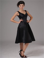 Simple Black Satin V-neck Knee Length Cheap Prom Dress No Beading