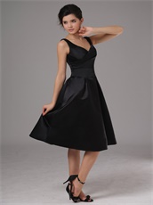 Simple Black Satin V-neck Knee Length Cheap Prom Dress No Beading