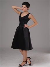 Simple Black Satin V-neck Knee Length Cheap Prom Dress No Beading