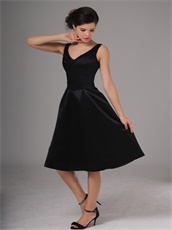 Simple Black Satin V-neck Knee Length Cheap Prom Dress No Beading