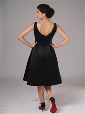 Simple Black Satin V-neck Knee Length Cheap Prom Dress No Beading