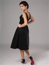 Simple Black Satin V-neck Knee Length Cheap Prom Dress No Beading