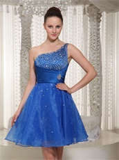 Royal Blue Organza One Shoulder Beaded Bodice Cocktail Dress For Gathering