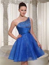 Royal Blue Organza One Shoulder Beaded Bodice Cocktail Dress For Gathering