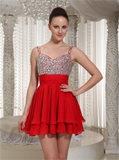 Fully Crystals Spaghetti Straps Summer Wedding Guest Red Dress Mini-length