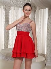 Fully Crystals Spaghetti Straps Summer Wedding Guest Red Dress Mini-length