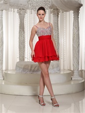 Fully Crystals Spaghetti Straps Summer Wedding Guest Red Dress Mini-length