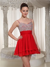 Fully Crystals Spaghetti Straps Summer Wedding Guest Red Dress Mini-length