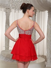 Fully Crystals Spaghetti Straps Summer Wedding Guest Red Dress Mini-length