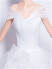 Ruched V neck High Low White Tulle Beach Wedding Dresses Princess