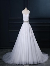 For Sale Puffy White Appliques Wedding Dress With Rhinestone Sash