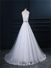Puffy Appliques Design Train Wedding Bride Dress With Lace Border