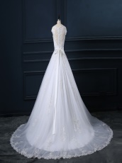 Puffy Appliques Design Train Wedding Bride Dress With Lace Border