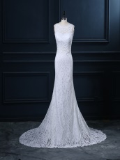 Scoop Lace Column Elegant Wedding Dress Train With Bead Curtains Backside