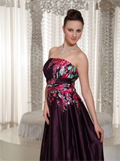 Printed Fabric Prom Dress Strapless Floor Length Skirt Burgundy Purple