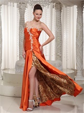 Ready To Wear High Slit Single Right Shoulder Orange Prom Dress Leopard Inside
