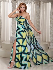 Multi-color Printed Chiffon Watteau Train Beach Prom Dress High Slit