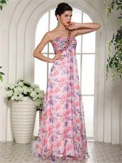 One Shoulder Printing Floral Chiffon Female Prom Dress By Designer