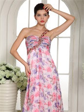 One Shoulder Printing Floral Chiffon Female Prom Dress By Designer