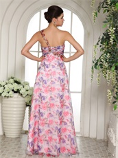 One Shoulder Printing Floral Chiffon Female Prom Dress By Designer