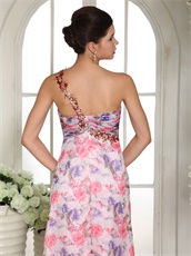 One Shoulder Printing Floral Chiffon Female Prom Dress By Designer