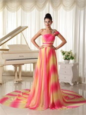 Yellow Hot Pink Mixed Ombre Chiffon One Shoulder Beauty Contest Runway