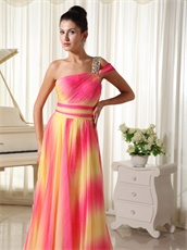 Yellow Hot Pink Mixed Ombre Chiffon One Shoulder Beauty Contest Runway