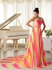 Yellow Hot Pink Mixed Ombre Chiffon One Shoulder Beauty Contest Runway