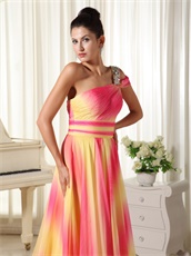 Yellow Hot Pink Mixed Ombre Chiffon One Shoulder Beauty Contest Runway