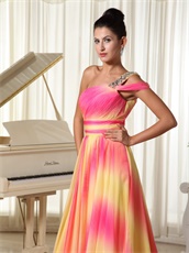 Yellow Hot Pink Mixed Ombre Chiffon One Shoulder Beauty Contest Runway