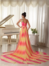 Yellow Hot Pink Mixed Ombre Chiffon One Shoulder Beauty Contest Runway