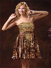 Golden Sequins Summer Short Cocktail Dress Tiger Pattern Printed Fabric
