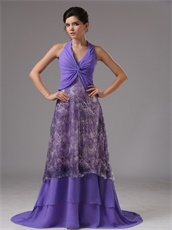 Halter Crossed Tie Empire Amethyst Prom Dress Covered Printed Pattern