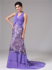 Halter Crossed Tie Empire Amethyst Prom Dress Covered Printed Pattern