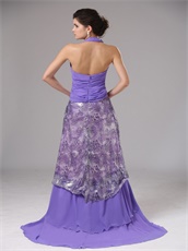 Halter Crossed Tie Empire Amethyst Prom Dress Covered Printed Pattern