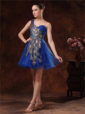 Unique Peafowl Applique Royal Blue Cocktail Mini-length Dress Puffy